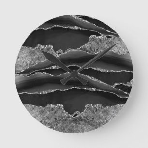 SCHWARZES MARBLE AGATE SILVER GLITZER GLAM RUNDE WANDUHR