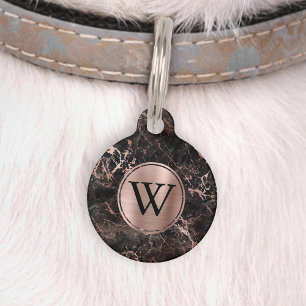 Schwarzes Marmor-Faux-Roségold-Folien-Monogramm Haustiermarke