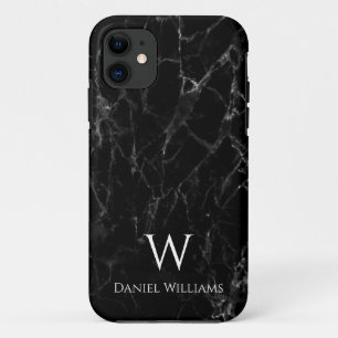 Schwarzes Marmor-Monogramm Weißer Name Moderne Ele Case-Mate iPhone Hülle