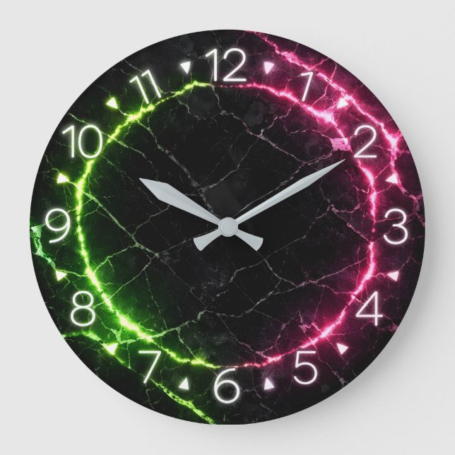 Schwarzes Marmor Neon-Uhr-Design Große Wanduhr (Vorderseite)