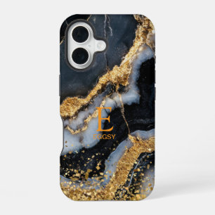 Schwarzes Marmor-Schic mit goldenem Glitter-Monogr iPhone 16 Hülle