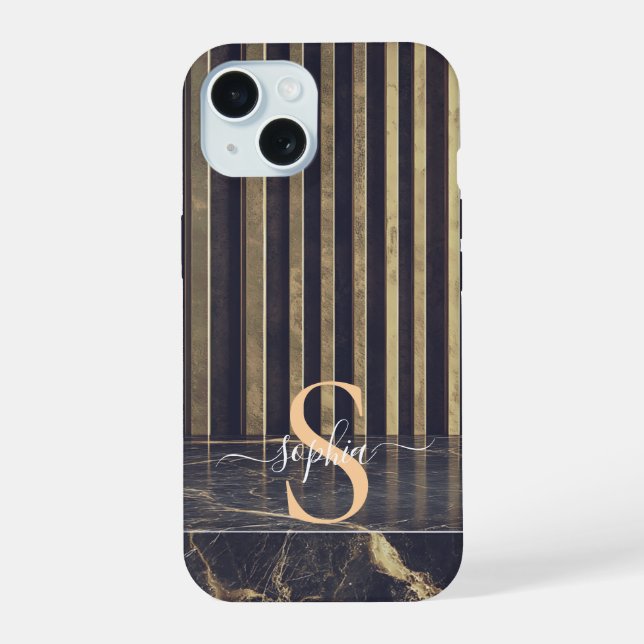 schwarzes Marmorgold-Glitter-Monogramm iPhone 15 Hülle (Rückseite)