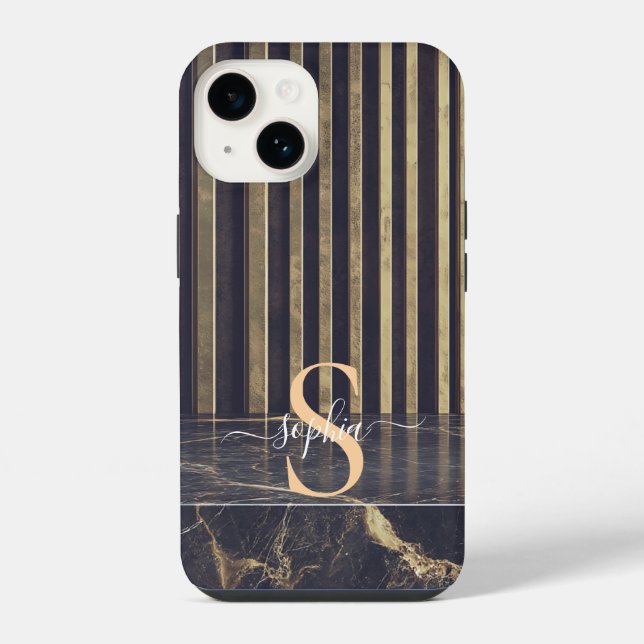 schwarzes Marmorgold-Glitter-Monogramm iPhone Hülle (Rückseite)