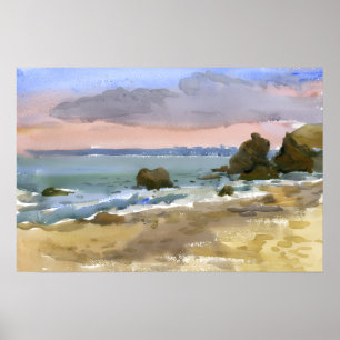 Schwarzes Meer Rocky Beach Sonnenuntergang Aquarel Poster