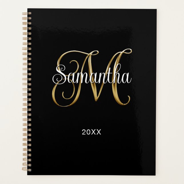 Schwarzes Metallic Lockiges Signatur M Monogramm Planer (Vorderseite)