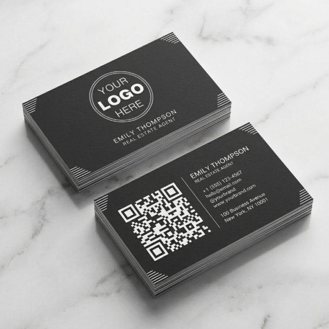 Schwarzes minimalistisches Art Deco QR-Code-Layout Visitenkarte (Modern Black Business Card Design with QR Code | Minimalist Branding)