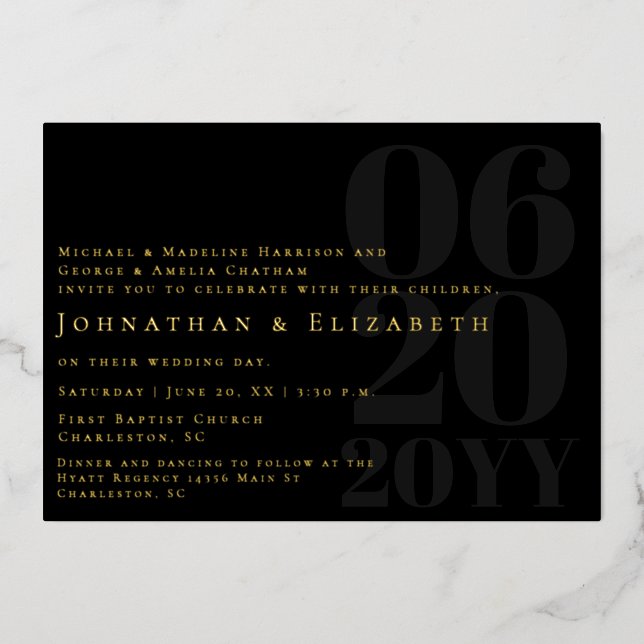 Schwarzes Minimalistisches, fettartiges Foto Hochz Folieneinladung (Vorderseite)