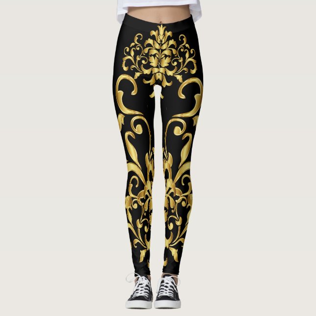 Schwarzes mit der Golddamast-Muster-ausführlichen Leggings (Vorderseite)