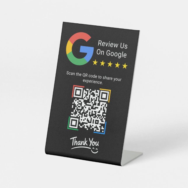 Schwarzes modernes einfaches Google-Review-QR-Code Sockelschild (Vorderseite)