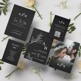 Schwarzes modernes, elegantes Monogramm-Foliage-Fo Einladung