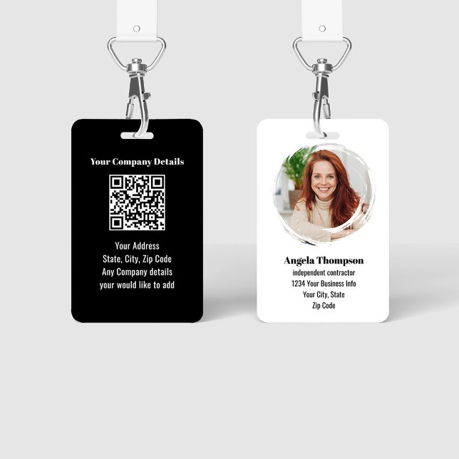 Schwarzes modernes Mitarbeiter-Foto-QR-Code-Abzeic Ausweis (Black and white modern business ID badge. with photo and QR code.)