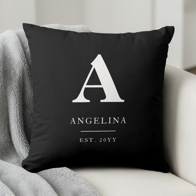Schwarzes modernes Monogramm-Anfangsbuchstabe Etab Kissen (Black Custom Modern Monogram Initial Established Throw Pillow)