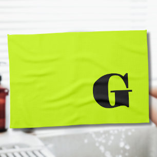 Schwarzes modernes Monogramm Neon-Limettengelb Geschirrtuch