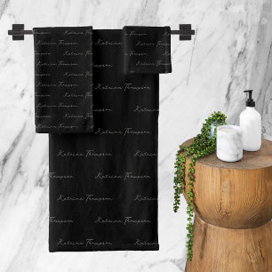 Schwarzes, modernes Signature-Script-Monogramm-Mus Badhandtuch Set