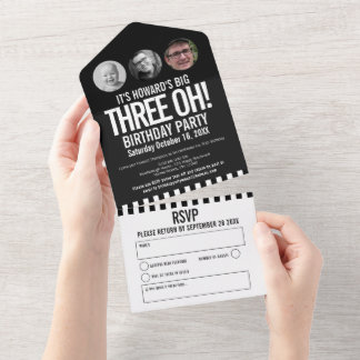 Schwarzes Mono-Foto Kreise Streifen 30. Geburtstag All In One Einladung