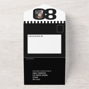 Schwarzes Mono-Foto Kreise Streifen 80. Geburtstag All In One Einladung