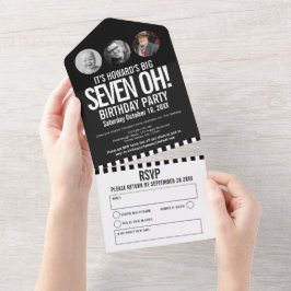 Schwarzes Mono-Foto kreisförmig Streifen 70. Gebur All In One Einladung