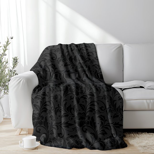 Schwarzes monochromes Vintage-Damaskmuster Fleecedecke (Von Creator hochgeladen)