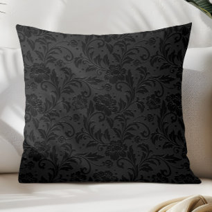 Schwarzes monochromes Vintage-Damaskmuster Kissen