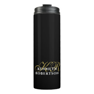 Schwarzes Monogramm Gold Weiß Minimalistisches Ele Thermosbecher