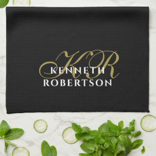Schwarzes Monogramm Minimalist Gold Weiß Elegante  Geschirrtuch