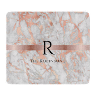 Schwarzes Monogramm & Name, weißer und roségoldene Schneidebrett