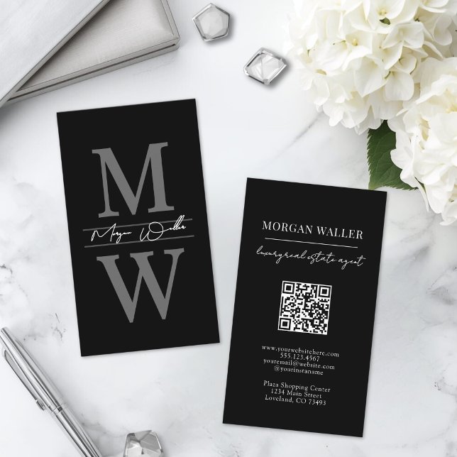 Schwarzes Monogramm Professional Vertikal Visitenkarte (Vertical Monogram Black Professional Business Card)