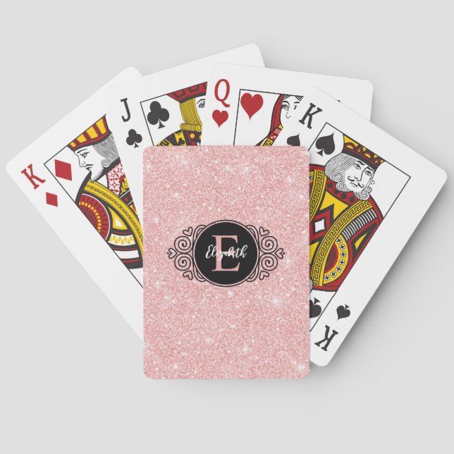 Schwarzes Monogramm rosa Glitter Spielkarten (Rückseite)