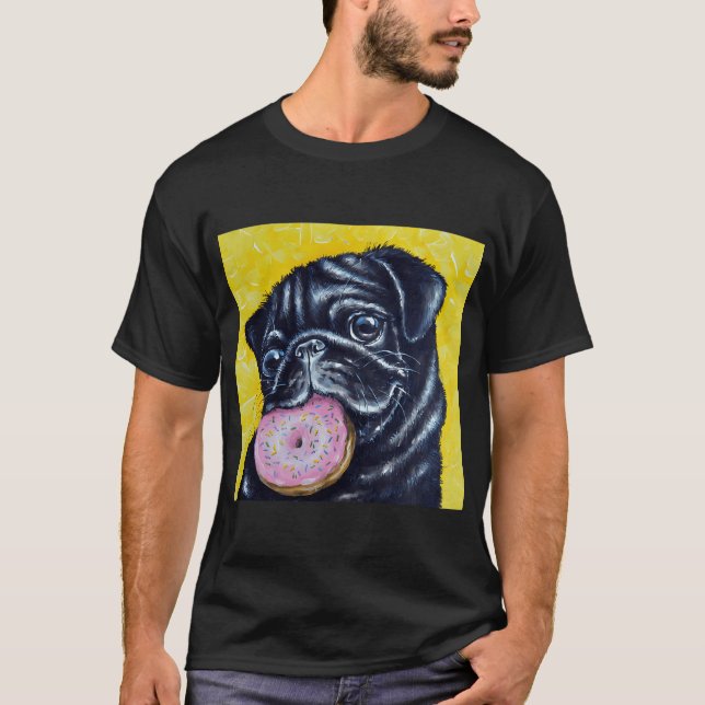 Schwarzes Mops-Donut T-Shirt (Vorderseite)