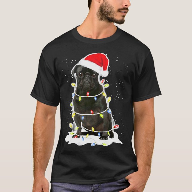 Schwarzes Mops-Weihnachtslicht 134 T-Shirt (Vorderseite)