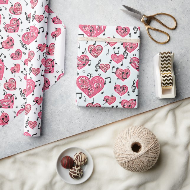 Schwarzes Musical und rote Herzen Wrapping Paper Geschenkpapier (Kunsthandwerk)
