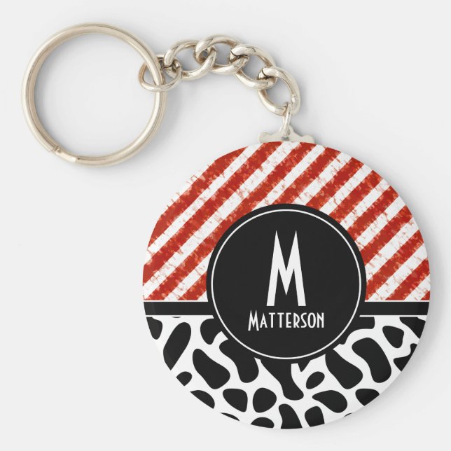 Schwarzes Muster, rotes weißes Streifen Schlüsselanhänger (Vorne)