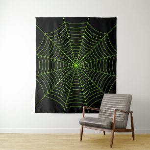 Schwarzes Neongrün-Spinnennetz-Halloween-Muster Wandteppich
