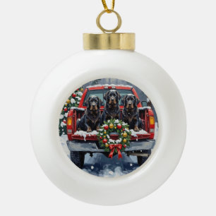 Schwarzes Neufundländer-Weihnachten Rotes Lastwage Keramik Kugel-Ornament