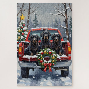 Schwarzes Neufundländer-Weihnachten Rotes Lastwage Puzzle