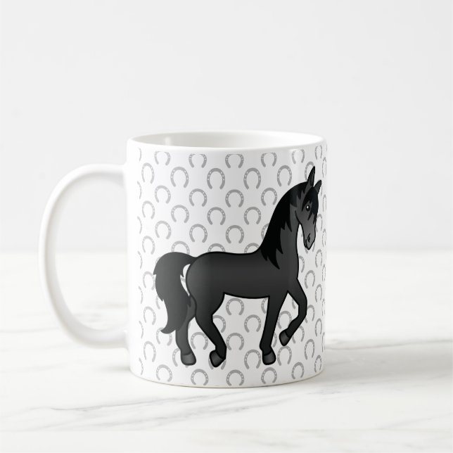 Schwarzes Niedliches Cartoon Trotting Horse Kaffeetasse (Links)