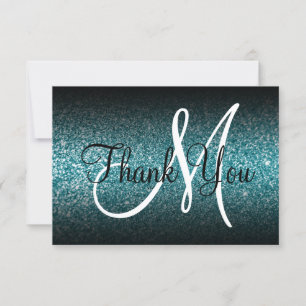 Schwarzes Ombre Türkis Glitter Monogramm Dankeskarte