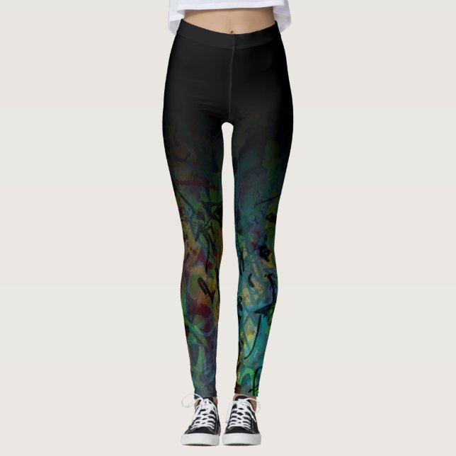Schwarzes Ombre über mehrfarbiger abstrakter Kunst Leggings (Vorderseite)