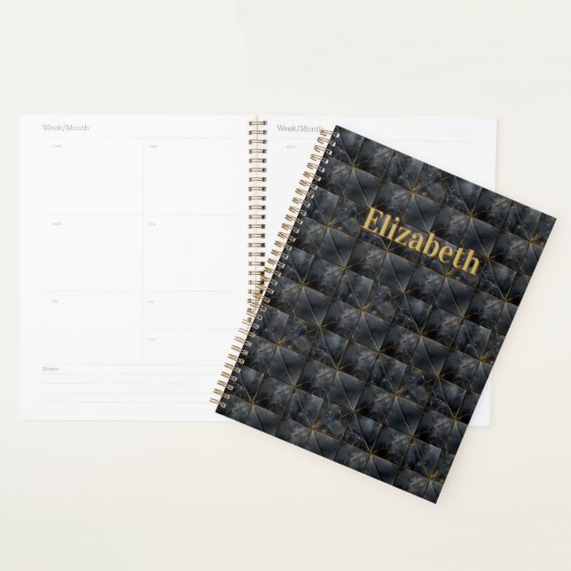 Schwarzes Onyx-Fliesenmuster Namensmonogramm Planer (Anzeige)