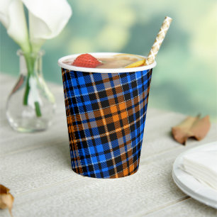 Schwarzes Orange Blau Kariertes Tartan Design Pappbecher