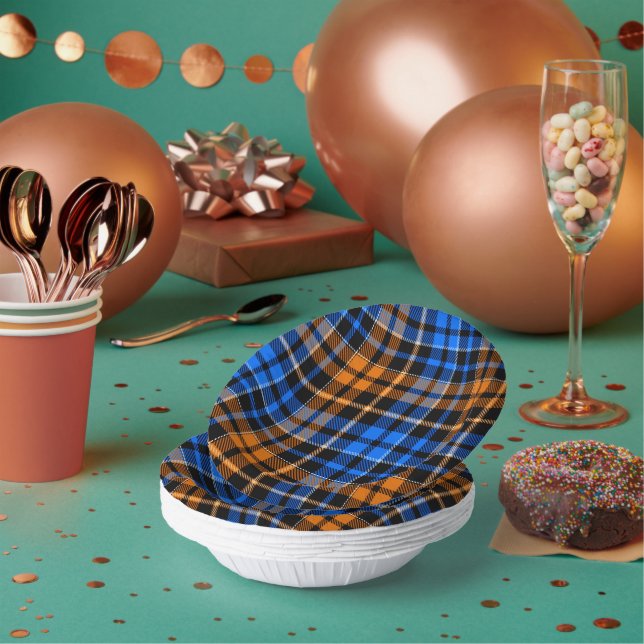 Schwarzes Orange Blau Kariertes Tartan Design  Pappteller (Multi)