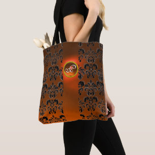SCHWARZES ORANGE DAMAST BLUMENMONOGRAMM MIT EDELST