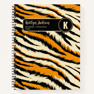 Schwarzes Orange Tiger Streifen Muster Monogramm Notizbuch