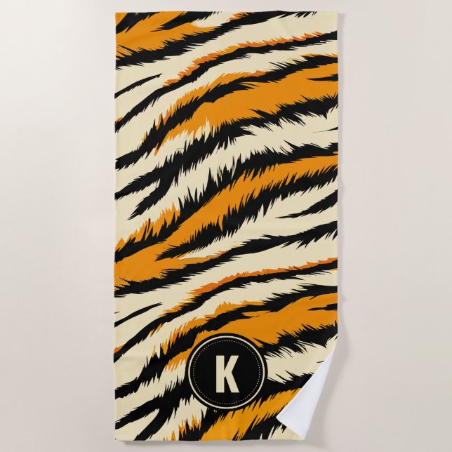 Schwarzes Orange Tiger Streifen Muster Monogramm Strandtuch (Vorderseite)