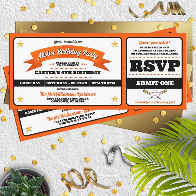 Schwarzes & Oranges Baseball Allstar-Ticket Geburt Einladung (Von Creator hochgeladen)