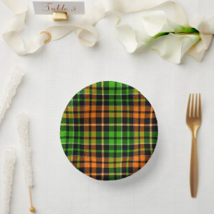Schwarzes oranges grünes Karo-Tartan-Design Pappteller