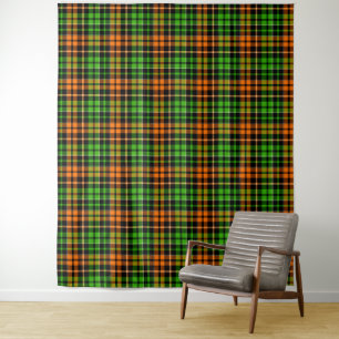 Schwarzes oranges grünes Karo-Tartan-Design Wandteppich