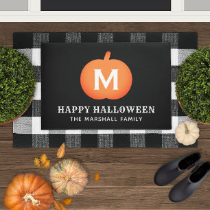 Schwarzes Oranges Kürbis-Monogramm Frohes Hallowee Fußmatte