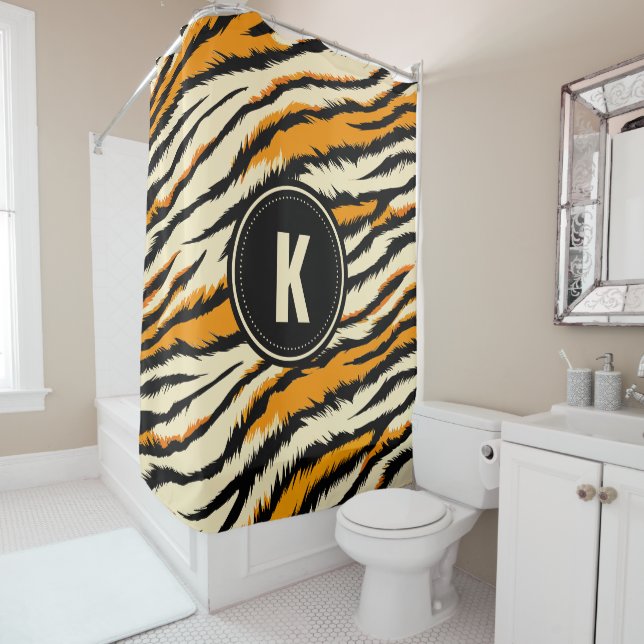Schwarzes Oranges Tiger-Streifen-Muster-Monogramm Duschvorhang (Beispiel)