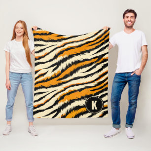 Schwarzes oranges Tiger-Streifen-Muster-Monogramm Fleecedecke